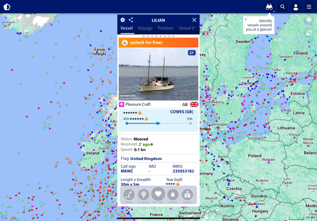 På applikationen MarineTraffic kan du följa Lilian färd i realtid.