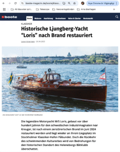 M/Y Loris åter i trafik – nu uppmärksammad även i Tysklands största båttidning, samtidigt som Heleneborgs Båtklubb hotas av nya byggplaner.