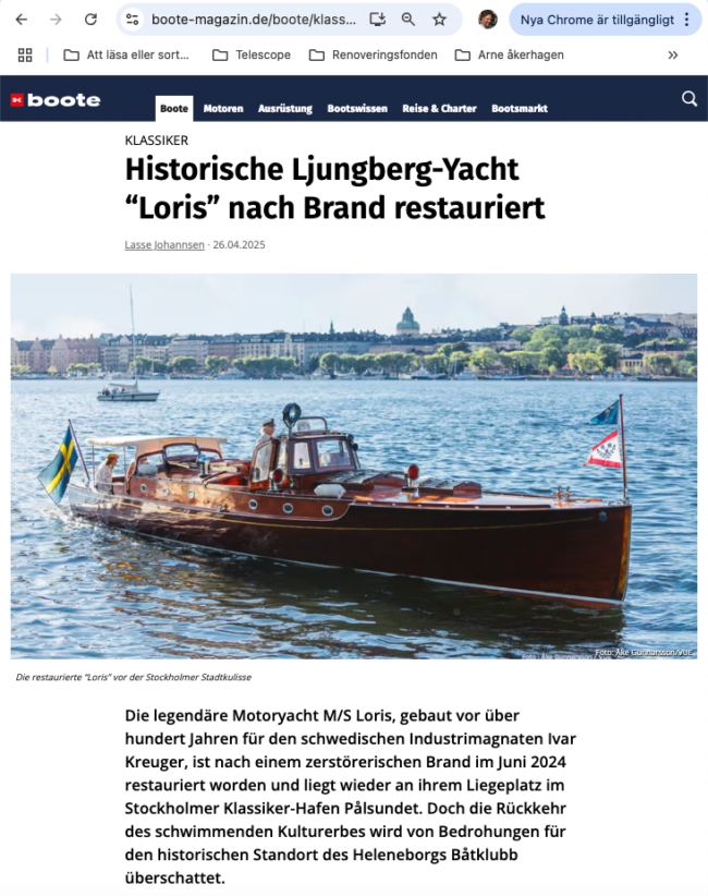 M/Y Loris åter i trafik – nu uppmärksammad även i Tysklands största båttidning, samtidigt som Heleneborgs Båtklubb hotas av nya byggplaner.