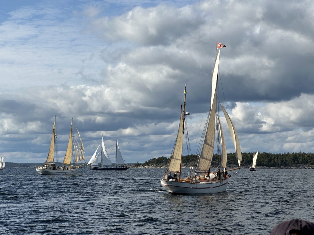 Startögonblicket på Ingaröfjärden – skutorna sida vid sida, segel satta och lovartskamp om bästa linje. Foto: Martin Prieto Beaulieu / Saltkråkan Race