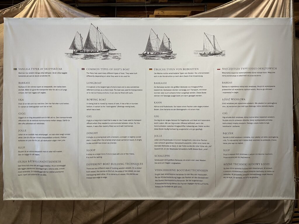 Det fanns olika typer av skeppsbåtar. I Marinmuseets utställning finns flera. Här en informationsskylt om några av dem: Barkass, Eka, Gigg, Jolle och Slup, byggda med olika båtbyggnadstekniker. Foto: Martin Prieto Beaulieu