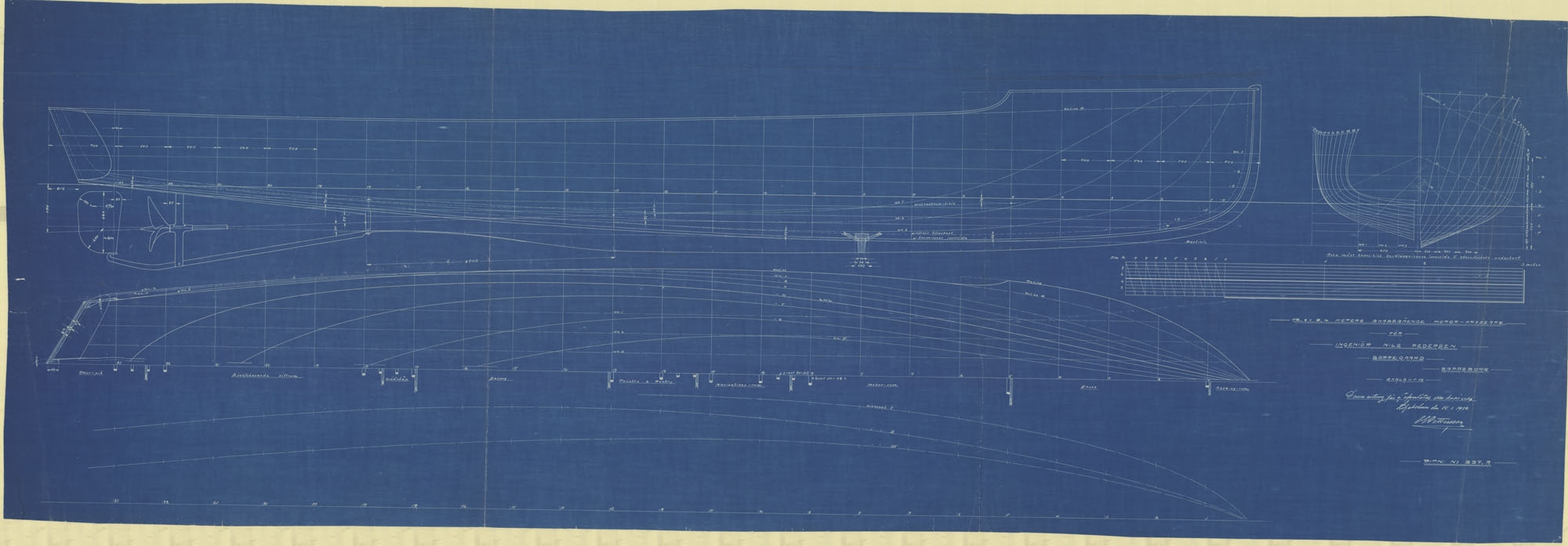 Snabbgående motorkryssare, Längd (meter): 12,2, Bredd (meter): 2,16, Ritning 237, signerad av C. G. Pettersson Liljeholmen, 1912. Foto: Sjöhistoriska museet