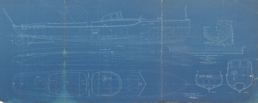 Ritning nr 561: Snabbgående motorbåt. Signerad av C.G. Pettersson i Liljeholmen den 29 november 1919 för Carl Wikström. Ritningsbladet visar spantruta, linjeritning samt inredning i profil, plan och sektion. Foto: Sjöhistoriska museet
