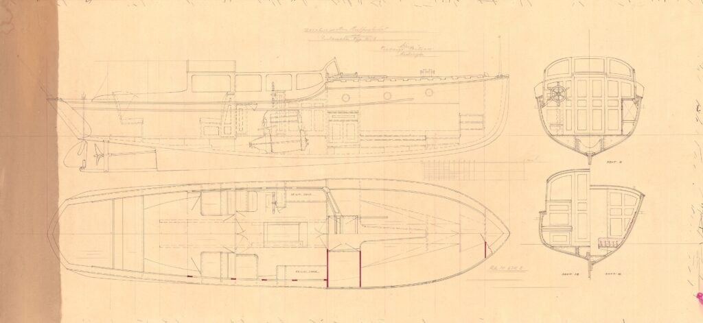 Inredningsritning (profil, plan, sektion) för ruffmotorbåt. L 9,25 m, B 2,10 m. Beställare: Fröbergs båtvarv. Konstruktionsnr 874. Foto: Sjöhistoriska museet