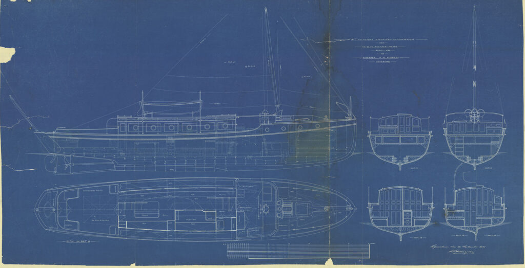 Thelmas ritning nr 367 B, undertecknad C.G. Pettersson 1915. Kopia av originalet ur Pettersson-samlingen i Sjöhistoriska museets arkiv. Foto: Sjöhistoriska museet