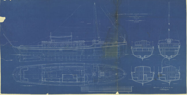 Thelmas ritning nr 367 B, undertecknad C.G. Pettersson 1915. Kopia av originalet ur Pettersson-samlingen i Sjöhistoriska museets arkiv. Foto: Sjöhistoriska museet