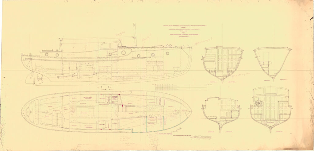 SINGUN inredningsritning i profil, plan och sektioner. Foto: Sjöhistoriska museet
