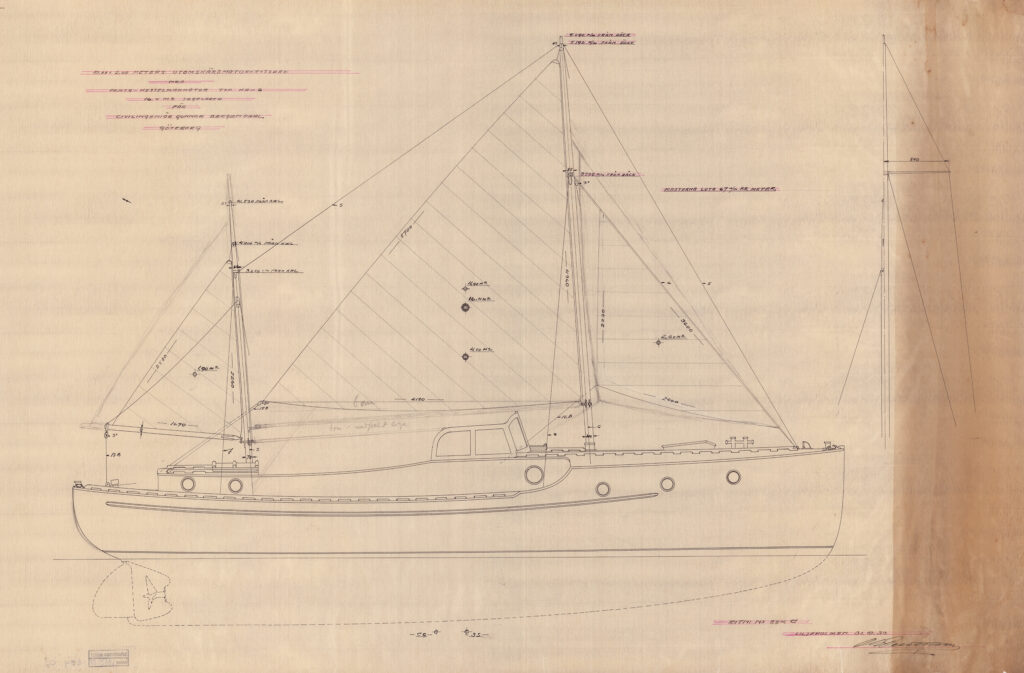 SINGUN exteriör i profil med segelplan. Foto: Sjöhistoriska museet
