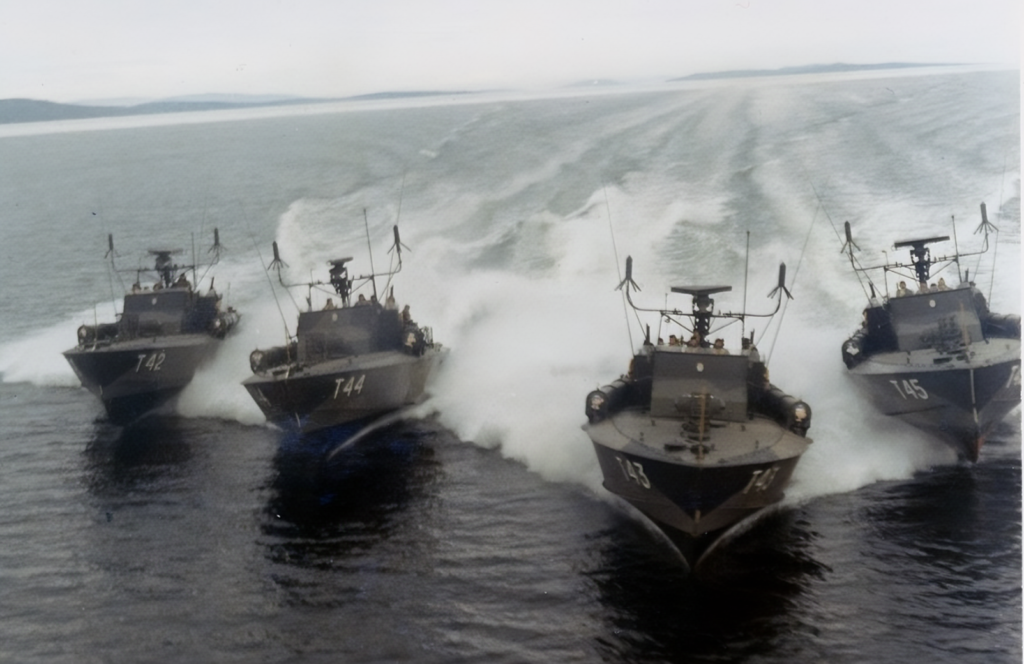 Motortorpedbåtarna T42, T44, T43 och T45, 1971. Dessa byggdes 1956–57 på Kockums. Båtarna var 23,0 m långa och 5,9 m breda. Fart ca. 45 knop. Maskineriet bestod av tre Isotta- Fraschini W18 bensinmotorer på totalt 4 500 hk. Foto: Veteranflottiljen