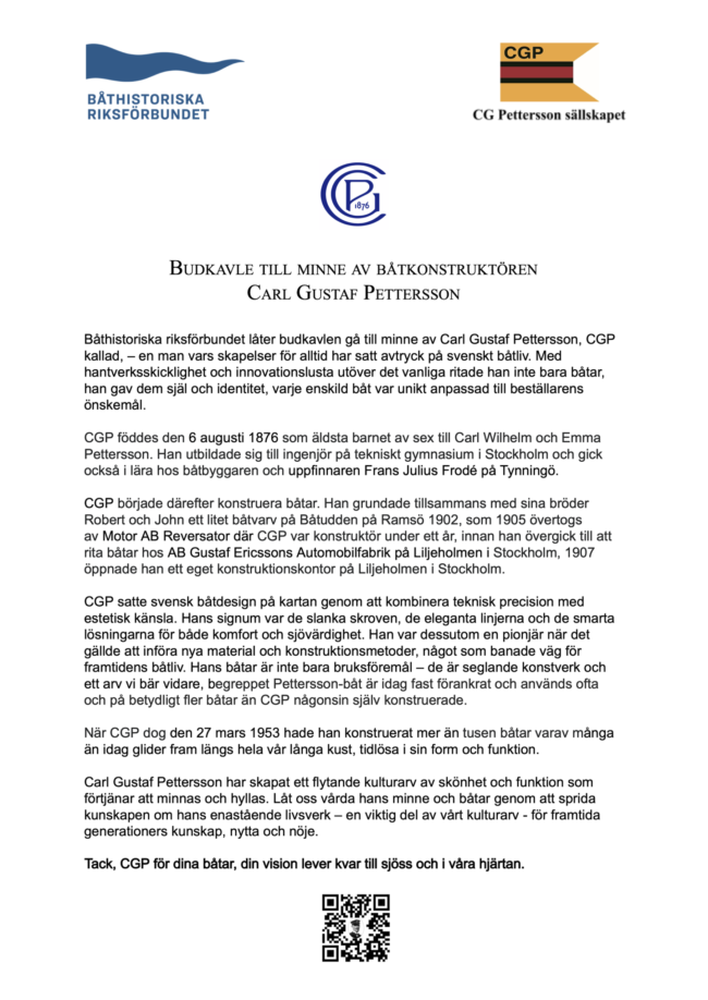Budkavle till minne av båtkonstruktören Carl Gustaf Pettersson (1876–1953)