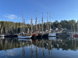Napoleonviken, en av Stockholms skärgårds mest uppskattade naturhamnar, samlar varje höst skutor inför Saltkråkan Race. Genom tävlingen levandegörs både det materiella och det immateriella flytande kulturarvet. Här förs kunskapen om att underhålla, rigga och segla traditionsfartyg vidare i praktiken – från hantverk och riggarbete till manövrering och sjösäkerhet. Foto: Martin Prieto Beaulieu
