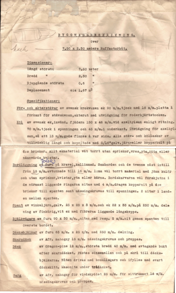 Den bevarade byggnadsbeskrivningen för CIAMI omfattar tre sidor och är signerad av Tore Holm i Gamleby den 13 oktober 1947. Foto: Familjen Francke